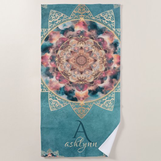 Boho Watercolor Nebula Gold Blume Mandala Yogi Strandtuch (Vorderseite)