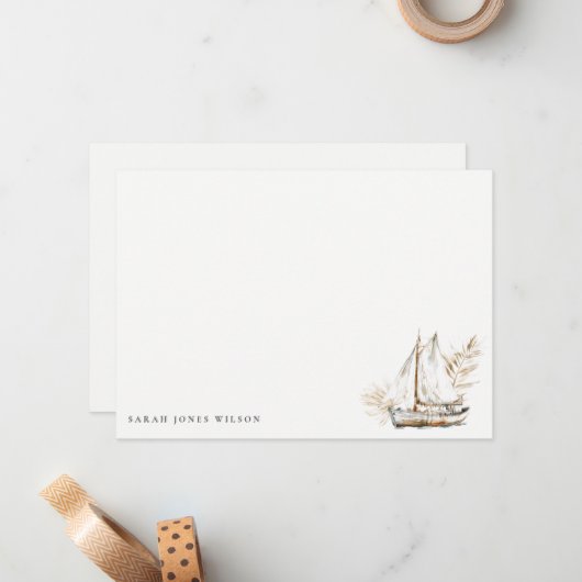 Boho Watercolor Palm Sailboat Seascape Wedding Mitteilungskarte (Vorderseite/Rückseite Beispiel)