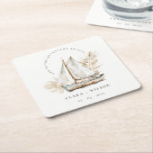 Boho Watercolor Palm Sailboat Seascape Wedding Rechteckiger Pappuntersetzer (angewinkelt)