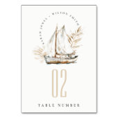 Boho Watercolor Palm Sailboat Seascape Wedding Tischnummer (Vorderseite)