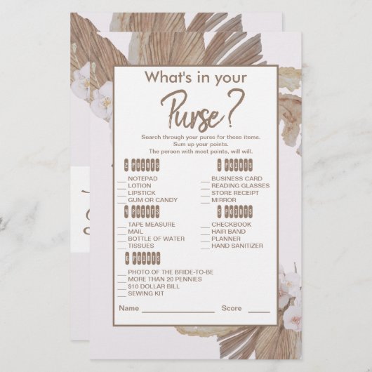 Boho Watercolor Pampas Grass Brautparty Game (Vorne/Hinten)