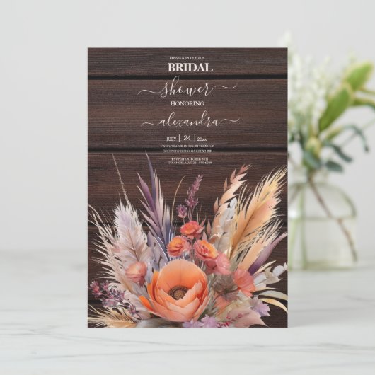 Boho Watercolor Pampas Grass Bridal Einladung (Stehend Vorderseite)