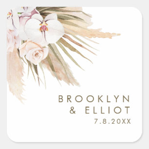 Boho Watercolor Pampas Grass Gastgeschenk Hochzeit Quadratischer Aufkleber