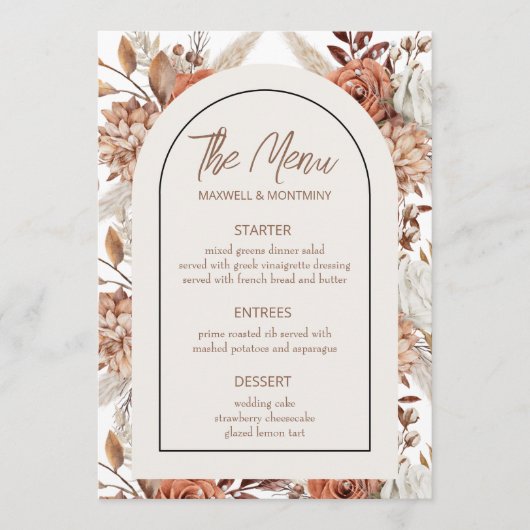 Boho Watercolor Pampas Wedding Menu Card Menükarte (Vorderseite)