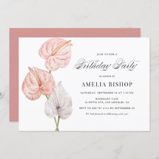 Boho Watercolor Pink Anthuriums Tropical Birthday Einladung