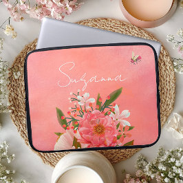 Boho Watercolor Pink Coral Florals Script Name Laptopschutzhülle