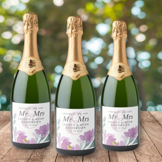 Boho Watercolor Pink Florals Wedding Schaumweinetikett