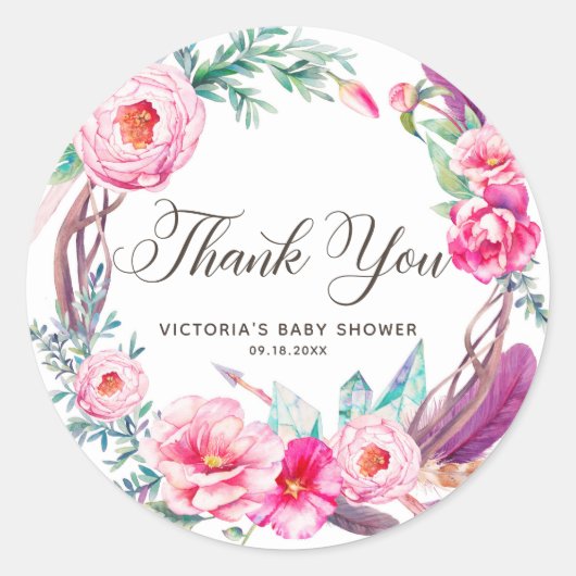 Boho Watercolor Pink Peonies Vielen Dank Runder Aufkleber (Vorderseite)