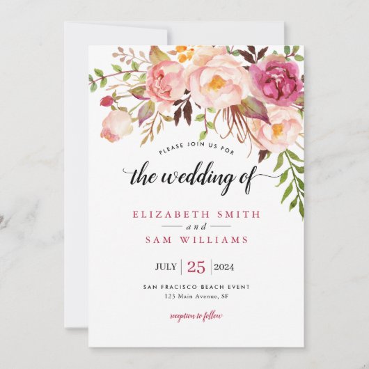 Boho Watercolor Pink Peony Rustikale Hochzeit Einladung (Vorderseite)