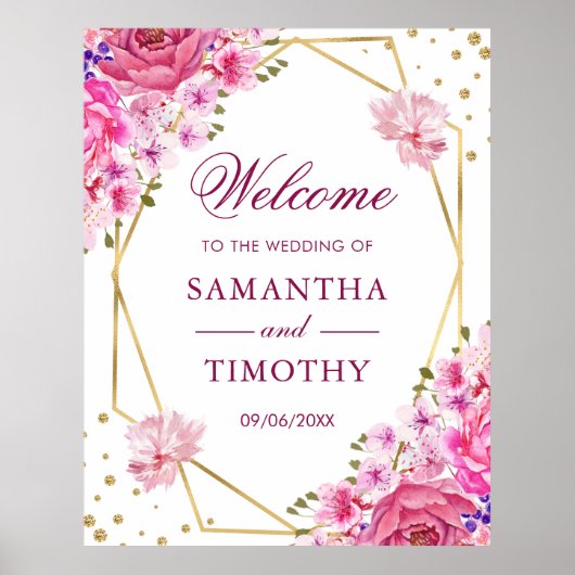 Boho Watercolor Pink Roses Wedding Willkommen Poster (Vorne)