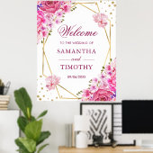 Boho Watercolor Pink Roses Wedding Willkommen Poster (Heimbüro)