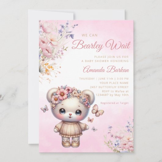 Boho Watercolor pink Teddy Bear Girl Baby Showroom Einladung (Vorderseite)