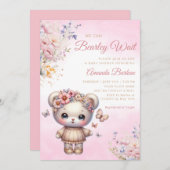 Boho Watercolor pink Teddy Bear Girl Baby Showroom Einladung (Vorne/Hinten)