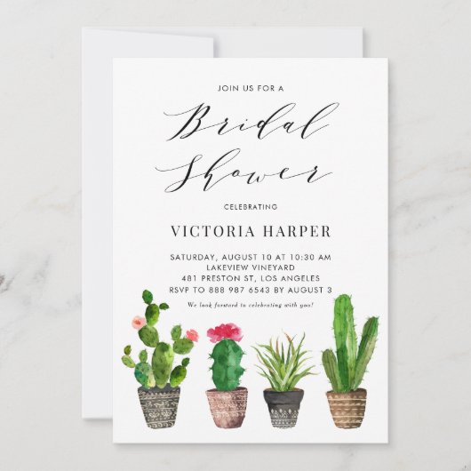 Boho Watercolor Potted Cactus Brautparty Einladung (Vorderseite)