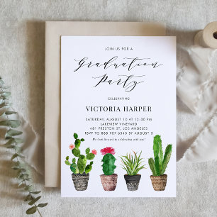 Boho Watercolor Potted Cactus Graduation Party Einladung