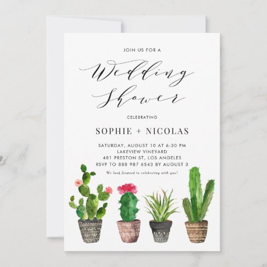 Boho Watercolor Potted Cactus Polterabend Einladung (Vorderseite)