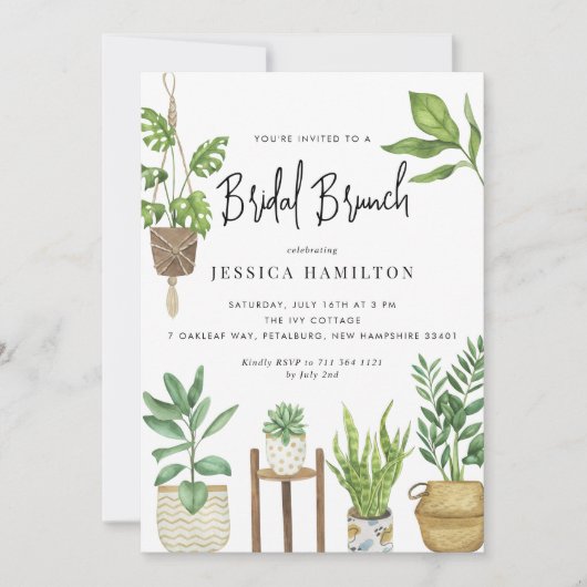 Boho Watercolor Potted Pflanze Bridal Brunch Einladung (Vorderseite)