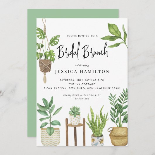 Boho Watercolor Potted Pflanze Bridal Brunch Einladung (Vorne/Hinten)
