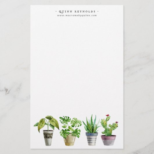 Boho Watercolor Potted Pflanze | Monogramm-Station Briefpapier (Vorderseite)