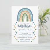 Boho Watercolor Rainbow Baby Dusche Blau Einladung (Stehend Vorderseite)