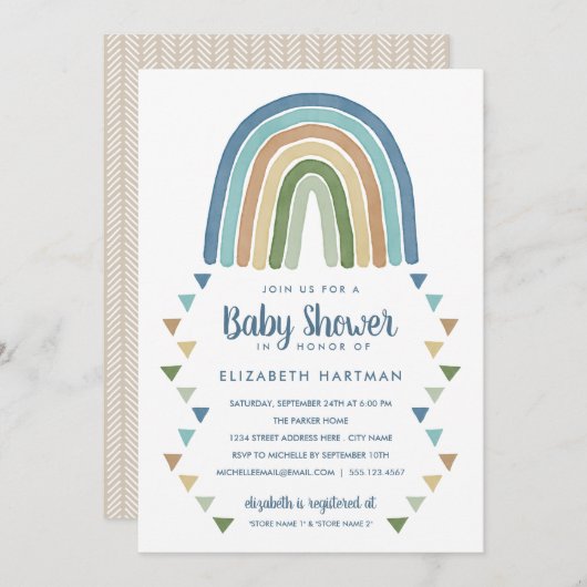 Boho Watercolor Rainbow Baby Dusche Blau Einladung (Vorne/Hinten)