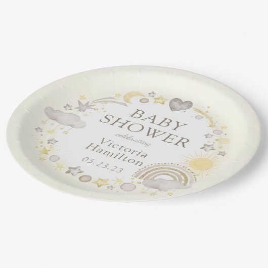 Boho Watercolor Rainbow Baby Dusche Pappteller (Schrägansicht)