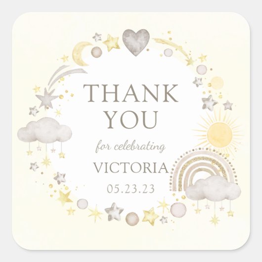 Boho Watercolor Rainbow Baby Dusche Quadratischer Aufkleber (Vorderseite)