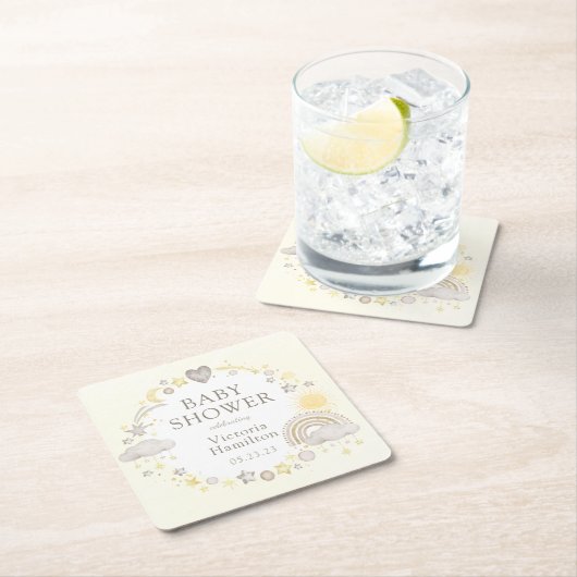 Boho Watercolor Rainbow Baby Dusche Rechteckiger Pappuntersetzer (Vor Ort)