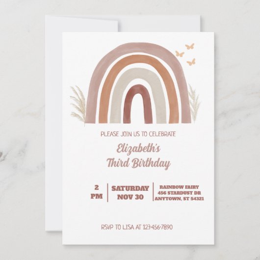Boho Watercolor Rainbow Birthday | Pampas Grass Einladung (Vorderseite)
