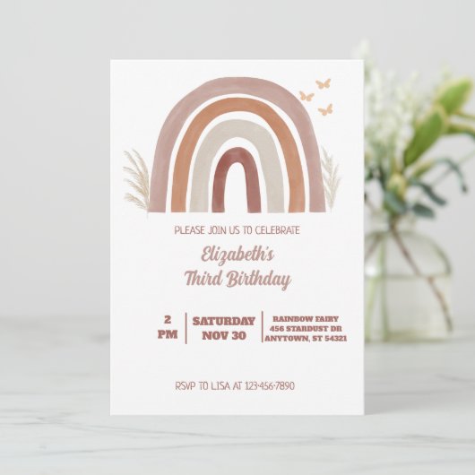 Boho Watercolor Rainbow Birthday | Pampas Grass Einladung (Stehend Vorderseite)