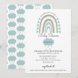 Boho Watercolor Rainbow Blue Baby Boy Dusche Einladung