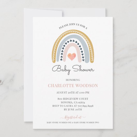 Boho Watercolor Rainbow Girl Baby Shower Einladung (Vorderseite)