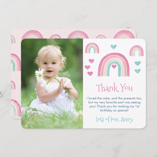 Boho Watercolor Rainbow Girl Birthday Picture Dankeskarte (Vorne/Hinten)