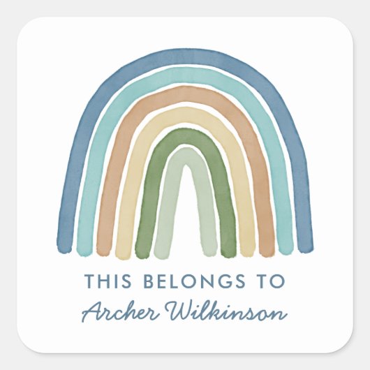Boho Watercolor Rainbow Name School Label Blau Quadratischer Aufkleber (Vorderseite)