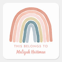 Boho Watercolor Rainbow Name School Label Coral