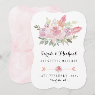 Boho Watercolor rosa Rosen und Federn Save The Date
