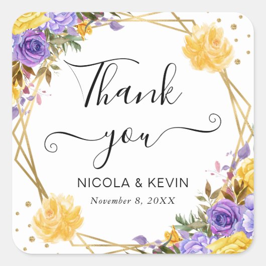 Boho Watercolor Spring Flowers Gold Frame Wedding Quadratischer Aufkleber (Vorderseite)