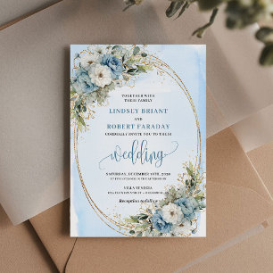 Boho Watercolor Staubblau Floral Gold Hochzeit  Einladung