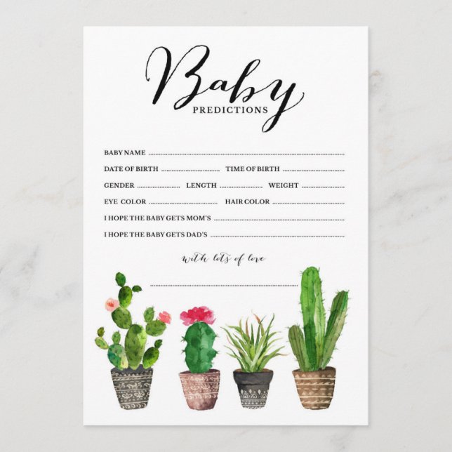 Boho Watercolor Succulents Baby Predictions Card (Vorderseite)