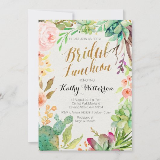 Boho Watercolor Succulents Bridal Luncheon laden Einladung (Vorderseite)