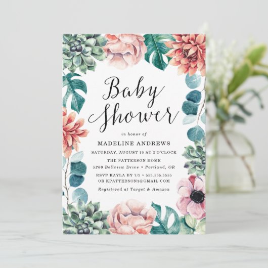 Boho Watercolor Succulents Kinderdusche Einladung (Stehend Vorderseite)
