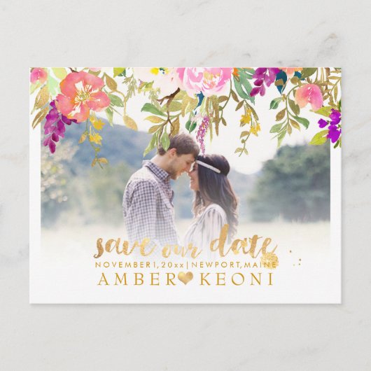 Boho Watercolor Summer Floral Save the Date Ankündigungspostkarte (Vorderseite)