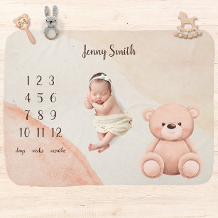 Boho Watercolor Teddy Bear Baby Milestone Blanket Babydecke