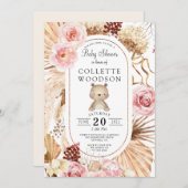 Boho Watercolor Teddy Bear Floral Pink Babydusche Einladung (Vorne/Hinten)