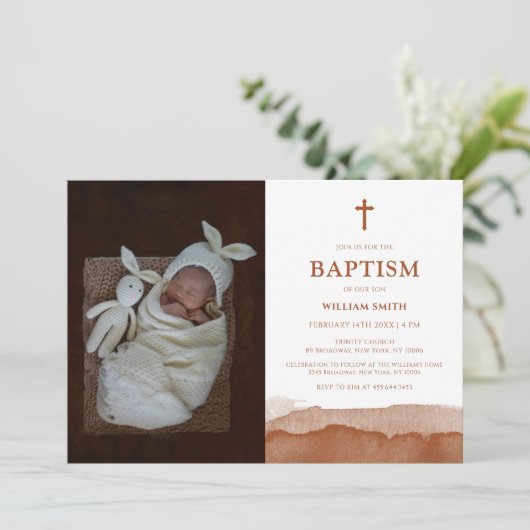 Boho Watercolor Terracotta Wüste Foto Taufe Einladung (Stehend Vorderseite)