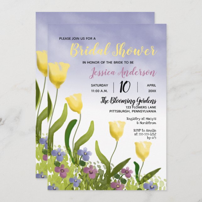 Boho Watercolor Tulips | Brautparty von Violetten Einladung (Vorne/Hinten)