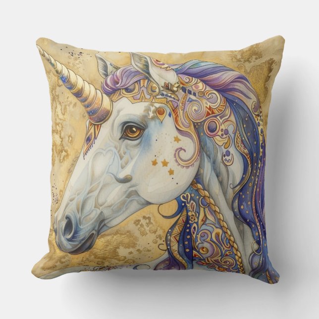 Boho Watercolor Unicorn Throw Kissen (Vorderseite)