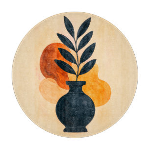 Boho Watercolor Vase mit Blätter Glas Schneidebrett