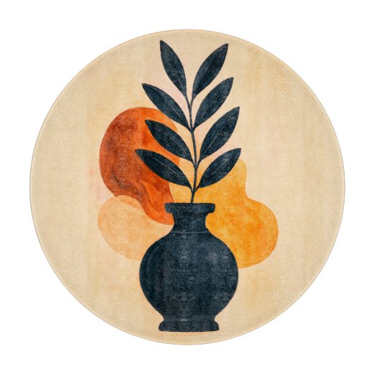 Boho Watercolor Vase mit Blätter | Glas Schneidebrett (Vorderseite)
