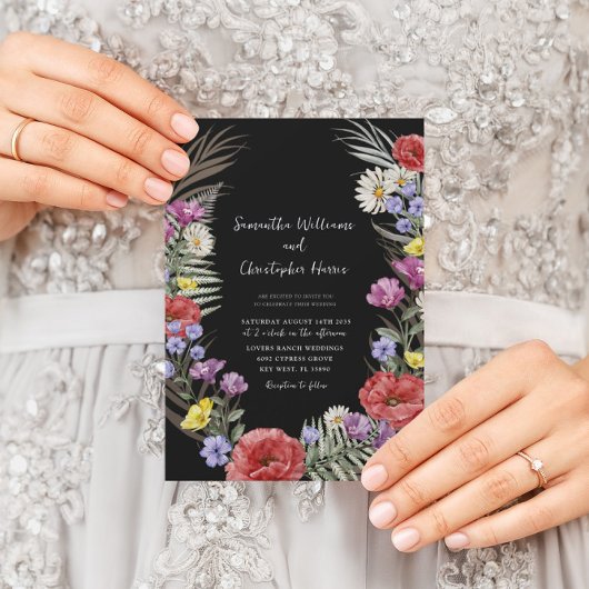 Boho Watercolor Wild Blume Black Wedding Einladung